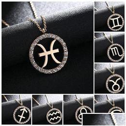 Pendant Necklaces New 18K Gold Zodiac Sign Round Necklace Aries Gemini Libra 12 Constellation Classic Diamond Jewelry Drop Delivery Pe Dhc2R