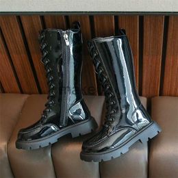 Boots Kids Midcalf Boots Autumn 2023 New Baby Girls Glossy Korean Style Black Narrow Band Knight Boots Drop Shipping Child Fashion J230816