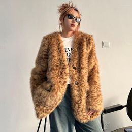 Women's Fur Autumn Winter High Quality Khaki Grey Leopard Print Faux Coat Women V-neck Single-breasted Casual Lady Short Warm Jacket