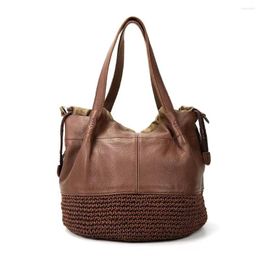 Evening Bags Genuine Leather Handmade Oil Wax Rope Woven Women's Handbag Large-capacity First Layer Cowhide One-shoulder Retro Tote Bag