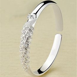 Bangle White Copper Silver Plated Peacock Open Screen Bracelet All Fashion Relief Adjustable Mother Wide For Women