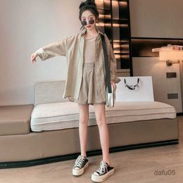 Clothing Sets Summer Thin Girls Sun-proof Set Fashion Sport Long Sleeve Shirts Vest Shorts 3pcs Teen Kids Tracksuit Children R230816