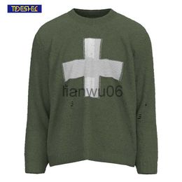 Men's Sweaters Casual Loose Cross Pattern Ripped Round Neck Knit Pullover Man Vintage Streetwear Oversized Perforated Knit Long Sleeve Sweater J230806