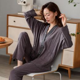 Women's Sleepwear Spring Cotton Women Pajamas Set Long Sleeve V-neck Cardigan Elegant Loose Soft 3XL Pijamas Mujer Ladies Nighty