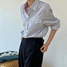 Women's Blouses Blue And White Striped Single Breasted Shirt For Women 2023 Autumn Korean Edition Simple Pocket 60028-1