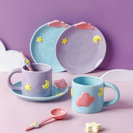 Mugs Korean Creative Hand Painted Embossed Star Moon Cloud Coffee Cups and Saucers Spoons Ceramic Tea Cup Set Unique Gift For Her 230815