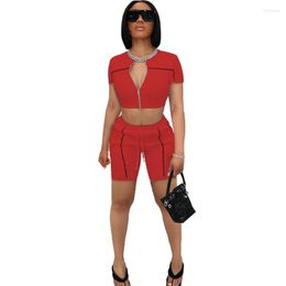 Women's Tracksuits Red Fashion Shorts 2 Pieces Set Women Suit Zipper V Neck Short Sleeve Crop Top Pants Pockets Piece Sets