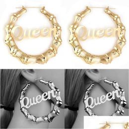 Hoop Huggie Statement Style Bamboo Earrings For Girls 9Cm Punk Hip Hop Letter Money Moves Queen Melanin Big Hollow Earring Jewelry Dhlik