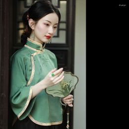 Ethnic Clothing Autumn Elegant Green Satin Stand Collar Jacquard Long Sleeve Tang Suit Top Women's Chinese Style Shirt Blouses Modern