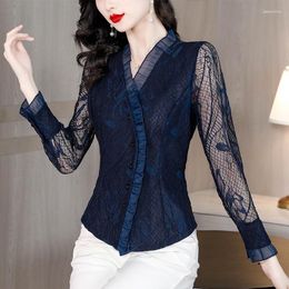 Women's Blouses 2023 Spring/Summer Lace Shirt Top V-neck Long Sleeve Fashionable Style Small Hollow Out Slim Fit