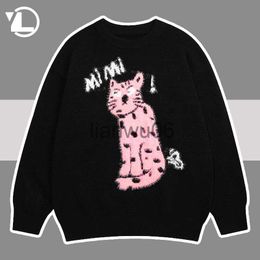 Men's Sweaters Hip Hop Knitted Pullover Men Women High Street Harajuku Cute Cat Print Sweater Unisex Autumn Winter Vintage Oversize Jumper 2023 J230806