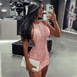 Casual Dresses Fringe Sequin Sparkly For Women Trendy 2023 Sexy Halter Sleeveless Backless Short Tight Club Bodycon Pink Mini Dress