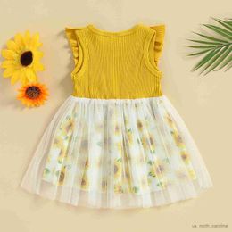Girl's Dresses Kids Girls Dress Ribbed Sunflower Print Tulle Splicing Neck Ruffles Sleeveless Dress Summer Princess Dress R230816