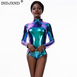 Women's Jumpsuits Rompers INDJXND Long Sleeve Women Metallic Bodysuit Turtleneck Sexy Autumn Winter Female Warm Clothes Slim Fit Fashion Body Suit 230815