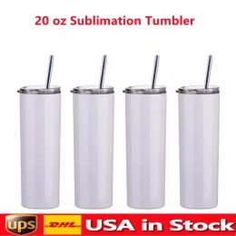 US Stock 20oz sublimation straight tumblers blanks white Stainless Steel Mug Vacuum Insulated Slim DIY Cup Car Coffee Mugs DHL