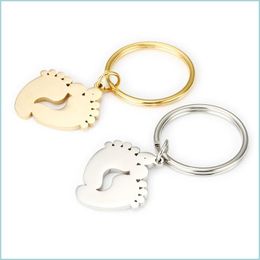 Keychains Lanyards Steel/Gold Stainless Steel Baby Foot Key Chain Blank For Engrave Metal Feet Keychain Mirror Polished Wholesale 10 Dh1E8