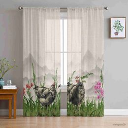 Curtain Chicken Ink Plant Tulle Sheer Curtain for Living Room Adults Kid Bedroom Drapes Kitchen Decor Curtains R230816