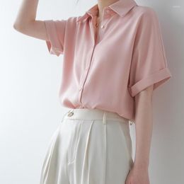 Women's Blouses Summer Thin Satin Draped Short Sleeve Button Up Chiffon Shirt For Women Japanese Style Loose Pink Green Cute Sweet Top