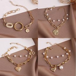 Charm Bracelets Gold Color Geometric Round Heart Bracelet For Women Pearl Hollow Star Pattern Chain Lobster Buckle Double Jewelry Party