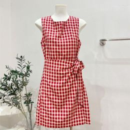 Casual Dresses Fashion Dress Red Plaid Sleeveless Mini Female 2023 Summer Lace-up Waist Slimming Temperament Korean A-line Skirts