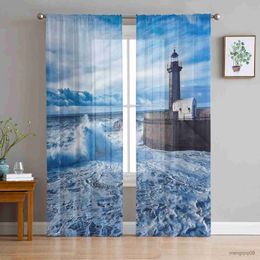 Curtain Sea Lighthouse Blue Sky Tulle Curtains for Living Room Home Decor Window Curtain Bedroom Sheer Curtains Printed Curtains R230816