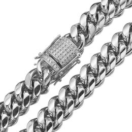 Chains 14mm Wide Silver Color 316L Stainless Steel Miami Cuban Chain Necklace Bracelet Crystal Lock For Men Women Jewelry