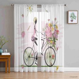 Curtain Bicycle Girl Flowers Tulle Curtains for Living Room Bedroom Sheer Drapes Modern Printed Design Sheer Curtains R230816