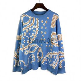 Men's Sweaters Oversized Blue Jacquard Cashew Long Sleeve Sweater Men Women Best Quality Sweatshirts J230806