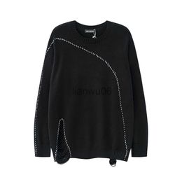 Men's Sweaters Solid Colour White Black Thread Lace Up Front Split Hole Ripped Men's Sweater Crew Neck Retro Streetwear Oversized Loose Sweater J230806