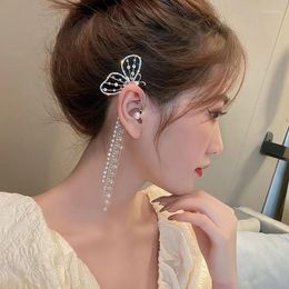 Backs Earrings Luxury Crystal Butterfly Clip Earring For Women Pearl Bead Ear Cuff Long Tassels Charm Hollow Jewellery Gifts