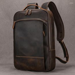 School Bags Vintage Men's Crazy Horse Leather Backpack Genuine Retro Rucksack Large Classic Travel Big Laptop Computer Bag