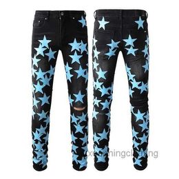 Mens Jeans for Guys Rip Slim Fit Skinny Man Pants Red Star Patches Biker Denim Stretch Cult Motorcycle Trendy Long Straight with Blue 779J