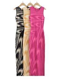 Urban Sexy Dresses Summer Chic Abstract Knitted Long Dress Women O-neck Sleeveless Stretchable Slim Maxi Dresses 230815