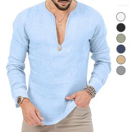 Men's T Shirts Cotton Linen T-shirt Deep V-neck Shirt Long Sleeved Non Elastic Mens Solid Cut Hem Top Harajuku Base