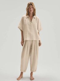 Women's Sleepwear Khaki Cotton Suit Half Sleeve Pants Women Pyjama Lapel V Neck Nightwear Autumn Home Loose Pant Sets