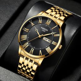 Wristwatches NIBOSI Fashion Simple Men Watch Slim Steel Week Date Waterproof Gold Watch For Men Quartz Business Watch Clock Relogio Masculino 230815