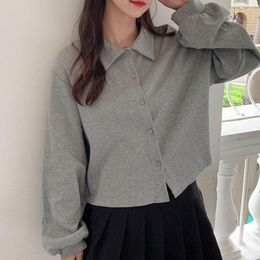 Women's Hoodies Kpop Style Harajuku Streetwear Chic Polo Hoodie Grey Oversized Women Autumn Long Sleeves Collar Sweatshirt