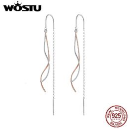 Charm WOSTU Long Tassel Ear Thread Earring Dreamlined 925 Sterling Silver Rose Gold Two Tone Stud Earring Simple Jewerly Gift 230816