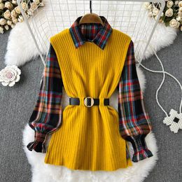 Women's Blouses Loose Brushed Long-sleeved Shirt Autumn And Winter Two-piece Knitted Split Vest Plaid Sleeveless