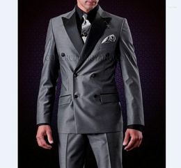 Men's Suits Arrival Groomsmen Shiny Grey Groom Tuxedos PeakLapel Men Wedding/Prom Man Blazer ( Jacket Pants Tie ) C350