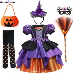 Special Occasions Girls Fancy Pumpkin Halloween Dress Kids Cosplay Bat Print Witch Costume Festival Party Ball Gown Children Princess 230815