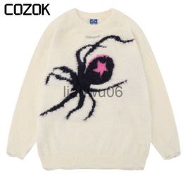 Men's Sweaters Hip Hop Spider Sweater Men Women Harajuku Mink Knitted Web Pattern Letter Punk Jumper High Street Casual Loose Pullover Fashion J230806