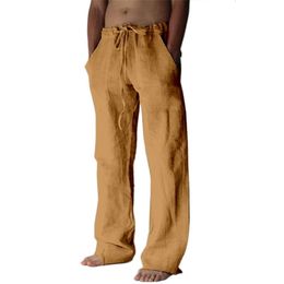 Men's Pants Men'S Casual Daily Wear Solid Full Length Soft Linen Mid Waist Pocket Drawstring Trousers 230815