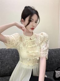Women's Blouses Vintage Design Lace Shirt 2023 Summer Chinese Style Buttons Short Sleeved Blouse Shrug Sleeves Slim Fashion Womens Tops