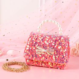 Backpacks Little Girls Pearl Hand Sequin Bow Princess Bags Kid Keys Coin Purse Crossbody Mini Handbag Party Gift Children's Gift Handbag 230816