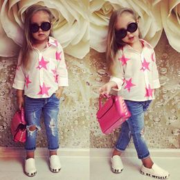 Clothing Sets Fashion Style for girls of Chiffon long sleeves Tops with Stars Printed jeans pants in autumn sets children s clothes ST316 230815