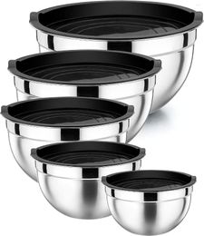 Bowls Mixing Bowl Set Of 5 Stainless Steel Nesting With Airtight Lids Metal Salad For Baking Serving