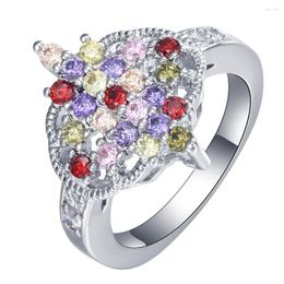 Cluster Rings Unique Silver Color Ring Rianbow Stone Crystal Round Face Lovers Gift Red Purple Green Champagne Pink Cz Zircon Fashion