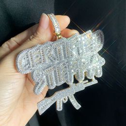 Hip Hop Double Rows Letters Gun Pendant Necklace Jewelry Mens Rap Large Pendants