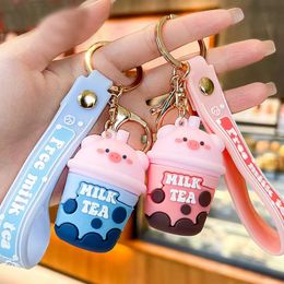 Cute Anime Keychain Charm Key Ring Lovely Piggy Milk Tea Cup Doll Couple Students Personalized Creative Valentine's Day Gift UPS